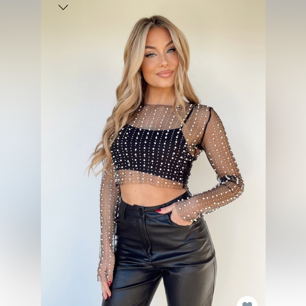 Sheer Pearl-Embellished Black Crop Top - Women